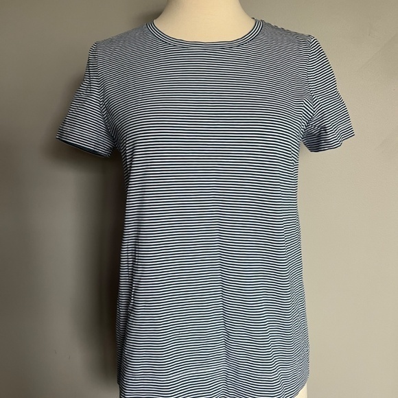 Lafayette 148 Kim Cotton Mini Stripe Roundneck Casual T-Shirt Top White Teal - Picture 2 of 13